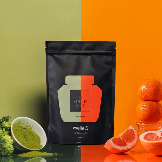 WELLECO The Super Elixir Blood Orange 300g - Zielony, naturalny suplement wegański - super eliksir - Czerwona Pomarańcza | Adaptogeny | Probiotyki | Suplementy na detoks | Suplementy na energię i wytrzymałość | Suplementy na jelita i wzdęcia | Suplementy na odporność | Suplementy na skórę, włosy, paznokcie | Suplementy na stres | Welleco | Zielone suplementy | Suplementy Wellness | Suplementy wegańskie | Suplementy w proszku | Forma